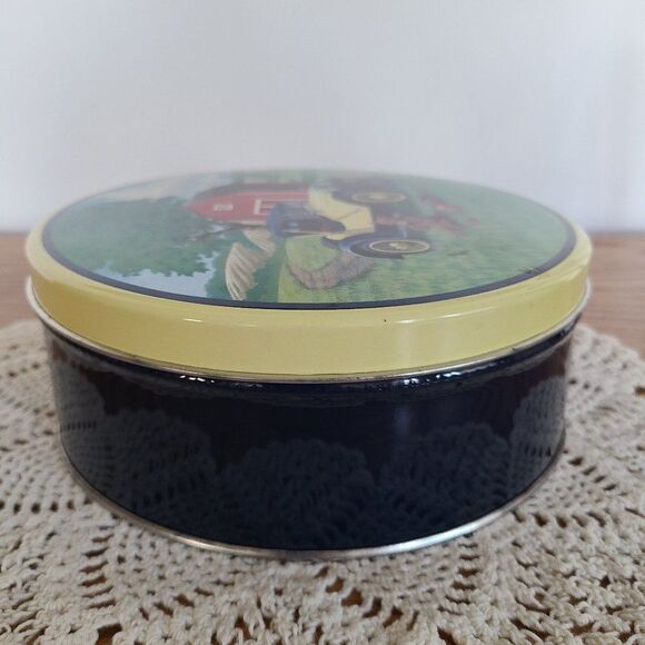 Vintage Cookie Tin Model T Ford Round Farm Red Barn Classic Antique Yellow Nice! - Picture 15 of 16